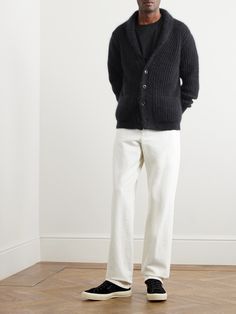 TOM FORD elevates men's fashion into an art form. Knitted from wool blended with silk and mohair, this cardigan is framed by a shawl collar and punctuated with horn buttons. It'll instantly refine a jeans and tee combination. Mens Shawl Collar Cardigan, Travel Fits, Cardigan For Men, Tom Ford Clothing, Black Toms, Mens Casual Outfits Summer, Silk Cardigan, Shawl Collar Cardigan, Tom Ford Men