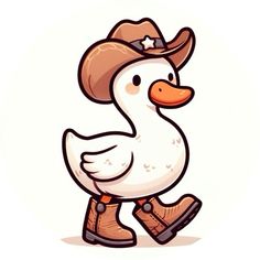 a white duck with a cowboy hat and boots on it's head is walking