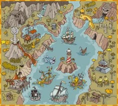 a cartoon map with ships, islands and other things on it royalty - art illustration