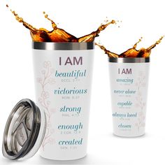 two tumblers with the words i am, beautiful and victorious on them next to each other