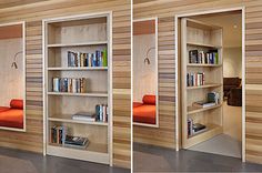 there are two bookshelves in the same room, one is open and the other is closed