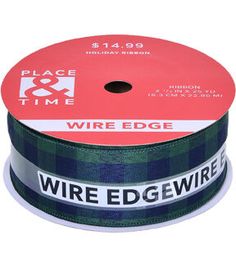 a roll of wired edge ribbon with the words wire edge in black and green plaid