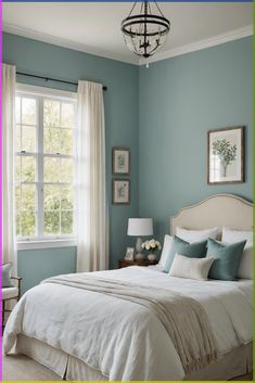 a bedroom with blue walls and white bedding