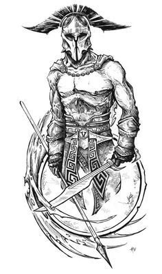 a black and white drawing of a warrior with two swords