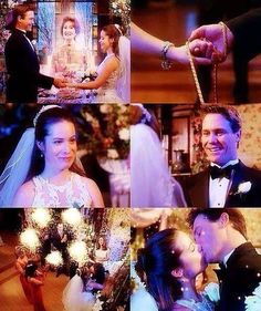 a collage of photos showing the bride and groom at their wedding ceremony with sparklers in hand