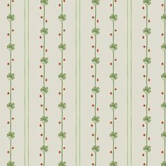 a green and red striped wallpaper with small flowers on the side, along with stripes