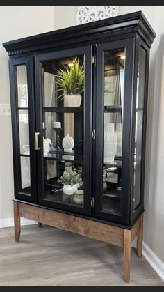 a black china cabinet with glass doors and plants in the top shelf, sitting on a hard wood floor