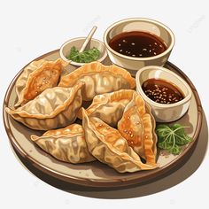 dumplings on a plate with dipping sauces and green leaves, food, illustration png and psd