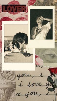 collage of photos with words and pictures on them, including a rose in the foreground