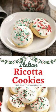 italian ricotta cookies with white frosting and sprinkles on a plate