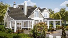 this is an artist's rendering of a house in the country style with white trim and gray shingles