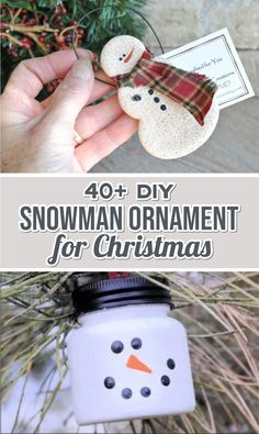 snowman ornament for christmas with text overlay that reads 40 + diy snowman ornament for christmas