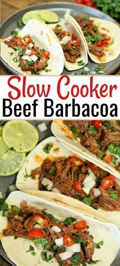 the slow cooker beef barbacoa is ready to be eaten and served