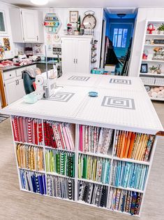 a kitchen island with lots of different colored papers on it