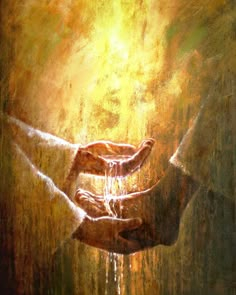 two hands reaching out to each other in front of a yellow and green background with water dripping from them