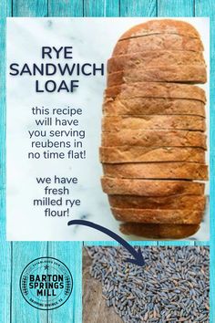 an advertisement for rye sandwich loaf on a blue wooden background with the words rye sandwich loaf