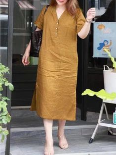 Lasaky - Loose-Fit Casual Fashion Split Short Sleeve Dress Long Dresses Summer, Ginger Dress, Khaki Dress, Long Summer Dresses, Dresses Summer, One Piece Dress, Short Sleeve Dress, Long Dresses, Types Of Skirts