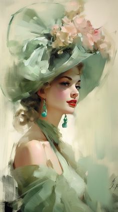 a painting of a woman wearing a green hat with flowers on it's head