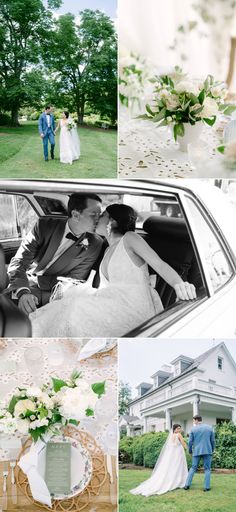 a collage of photos showing the bride and groom in their wedding car