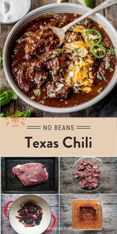 the recipe for chili with beef and beans is shown in several different pictures, including an image