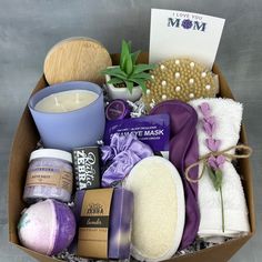 My gift boxes make the perfect gift! Each box measures 10"x10"x6", is tied with a purple ribbon and is ready to give as a gift to that special person. Gift box includes: (1) 12 oz natural, hand poured, soy candle in purple ceramic jar with wooden lid in lavender sage scent (1) custom box of matches (1) 4 oz jar of lavender bath salt (1) 5 oz lavender bath bomb (1) bar of lavender handmade soap (1) purple hair scrunchie (1) loofah pad (1) purple eye mask (1) steam eye mask (1) white washcloth wit Body Exfoliator Brush, Gift Box For Mom, Mom Greeting Card, Handmade Lavender Soap, Purple Ceramic, Lavender Bath Salts, Relaxing Night, Gift For Mom Birthday, Lavender Gifts