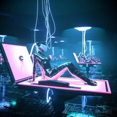 a woman sitting on top of a laptop computer in a room filled with neon lights