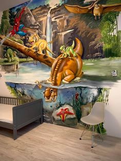 the mural in this children's room is painted with dinosaurs and other wildlifes