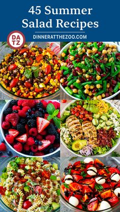 four different salads in bowls with the title overlay that reads, 45 summer salad recipes