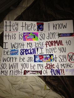 a piece of paper with words written on it and candy bar stickers attached to it