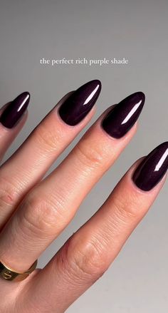 Plum Manicure Ideas, Dark October Nails, Blackish Purple Nails, Aubergine Nails Deep Purple, Dark Purple Nails Almond Shape, Black Cherry Nails Almond, Dark Purple Aesthetic Nails, Dark Purple Chrome Nails Almond, Dark Purple Metallic Nails