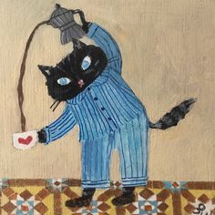 a painting of a black cat dressed in blue and holding a heart with an arrow