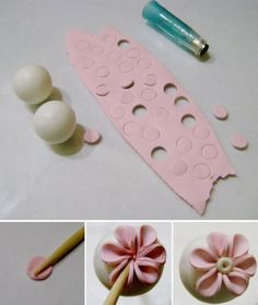 three pictures show how to make a flower out of fondant and plastic eggs, including an egg carton