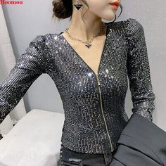 Find ideas๏ฟฝand inspiration for Korean Women Zip Up Sequin Puff Sleeve Party Cocktail Top Western Shirts Blouse, New Women's Tops Ladies Fashion Casual, Zipper Cardigan, Streetwear Girl, Sequin Tee, Zippered Cardigan, Mesh Blouse, Female Clothing, Casual Tops For Women, Solid Clothes