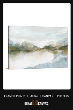 an abstract painting with mountains in the background and water on the bottom right hand side