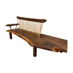 a wooden bench with two slats on it's back and one arm extended