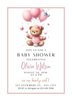 a baby shower with a teddy bear and balloons on the front, in pink tones