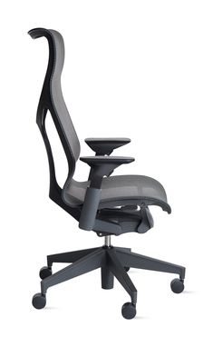 an office chair with grey upholstered seat and backrest, viewed from the front