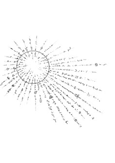 a drawing of an abstract sunburst with letters and numbers in the shape of a circle