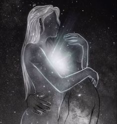 a drawing of a woman with her arm around a man's chest, in front of the night sky