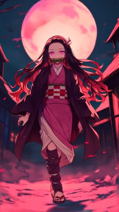 an anime character with long hair walking in front of a full moon and pink sky