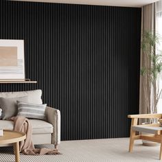 a living room filled with furniture next to a wall covered in black and white stripes