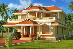 a house with an orange roof and white trim