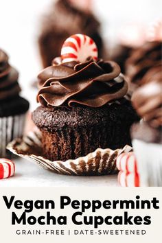 chocolate cupcakes with candy canes on top and the title vegan peppermint mocha cupcakes