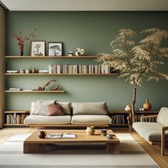 a living room with bookshelves, couches and a coffee table in it