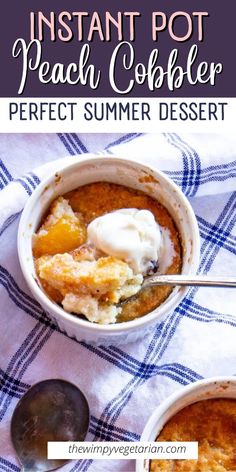 two bowls filled with peach cobbler dessert on top of a blue and white checkered table