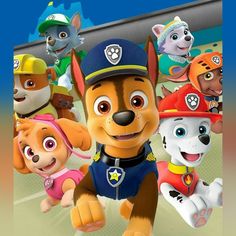 the paw patrol movie poster is shown with many dogs and puppies on it's back