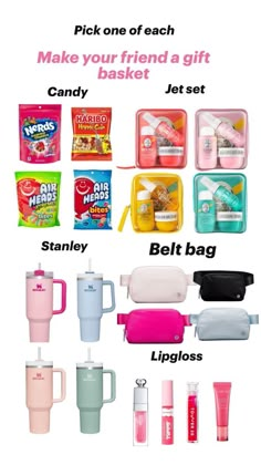 the contents of a travel bag are shown in different colors and sizes, including pink, blue