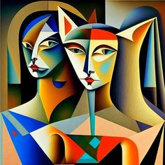 an abstract painting with two women and one man