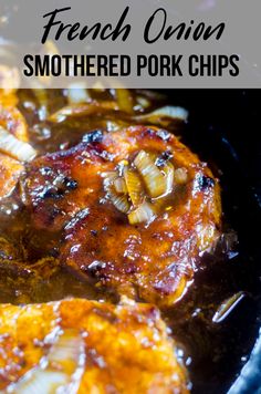 french onion smothered pork chops in a skillet with text overlay