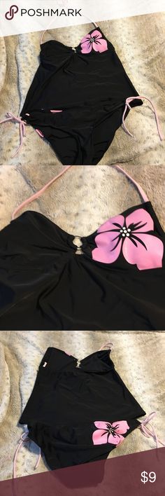 Tankini Y2k, Pink Tropical Floral Print Tankini, Cute Tankini, Black Y2k Beach Tops